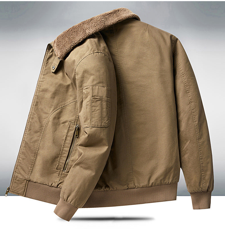 2024 Autumn/Winter New Cross-Border Men's Fleece-Lined Cotton Jacket with Stand Collar, Neck Protection, Cold-Proof, Washable Cotton Coat, Pure Cotton Outerwear