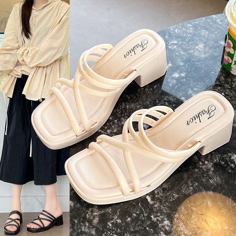 High Heeled Sandals Women's Summer Fashion Thin Strap Sandals Foreign Trade Thick Slippers Women's Southeast Asian Beach Outer Wear Sandals