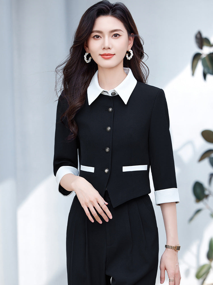 Tweed Style Splicing Jacket with Metal Buckle for Women Spring and Summer New High-End Fashion Doll Collar Elegant Three-Quarter Sleeve Suit