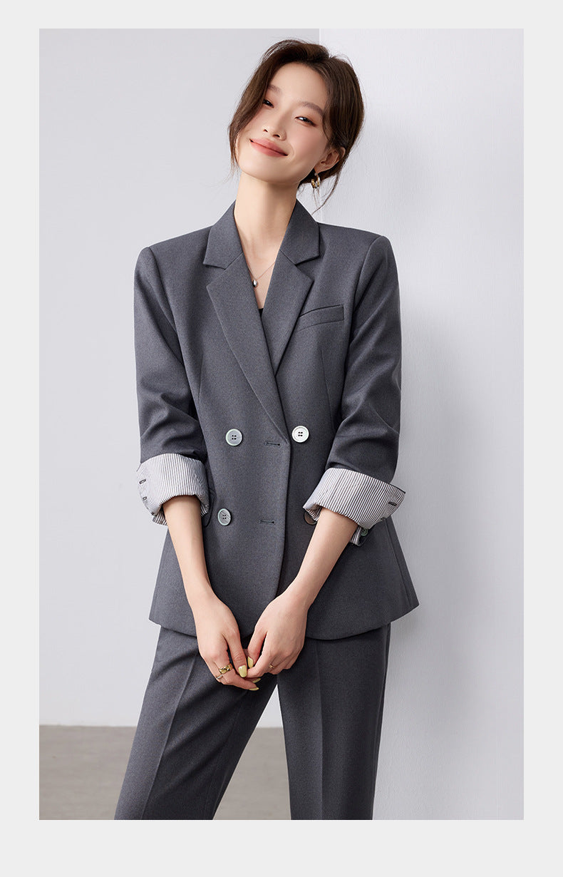 Cross-Border Fashion Simple Double-Breasted Suit Set for Women, New Design with High-End Elegance and Goddess-Like Style, Long-Sleeve Blazer