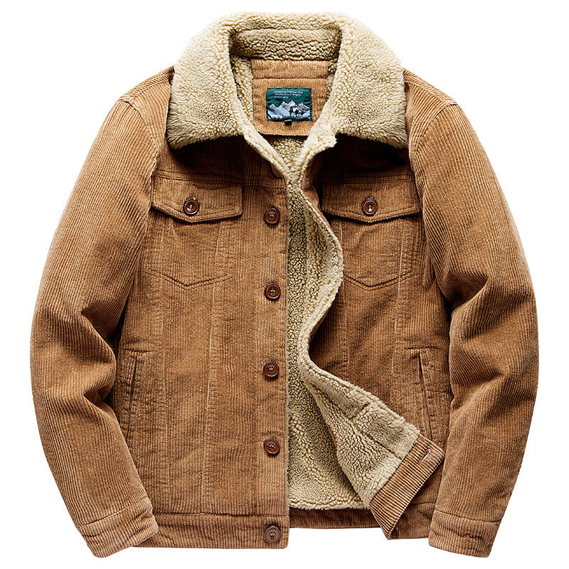 Lamb Velvet Jacket Men's Autumn and Winter Thickeneded Cotton Outwear Corduroy Workwear Cotton Jacket Fleece-Lined Retro Corduroy Jacket