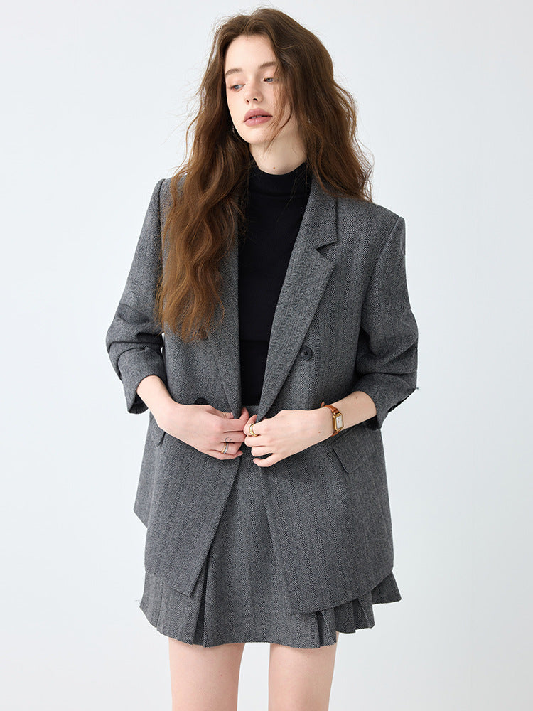 Cross-Border Gray Blazer for Women, New Spring and Autumn Style, High-End, Elegant, Casual, College Style, Korean Version, Loose-Fitting Suit Set