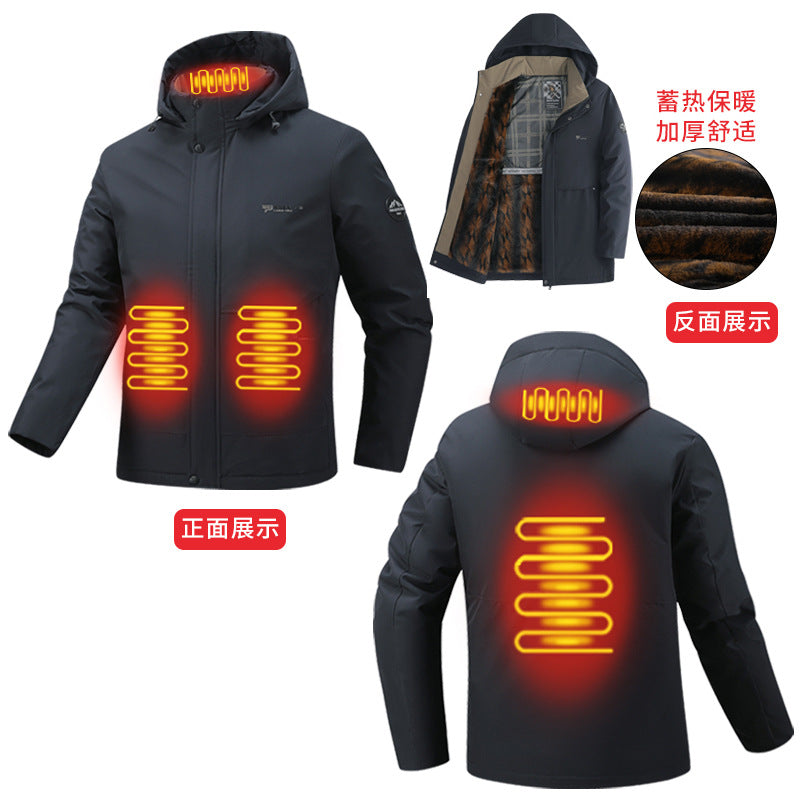 Factory Direct Supply Rechargeable Heated Cotton Jacket for Men, Fleece-Lined Thickened Hooded Coat, Middle-Aged and Elderly Warm Parka