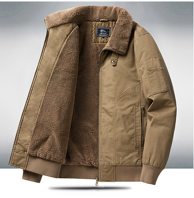 2024 Autumn/Winter New Cross-Border Men's Fleece-Lined Cotton Jacket with Stand Collar, Neck Protection, Cold-Proof, Washable Cotton Coat, Pure Cotton Outerwear