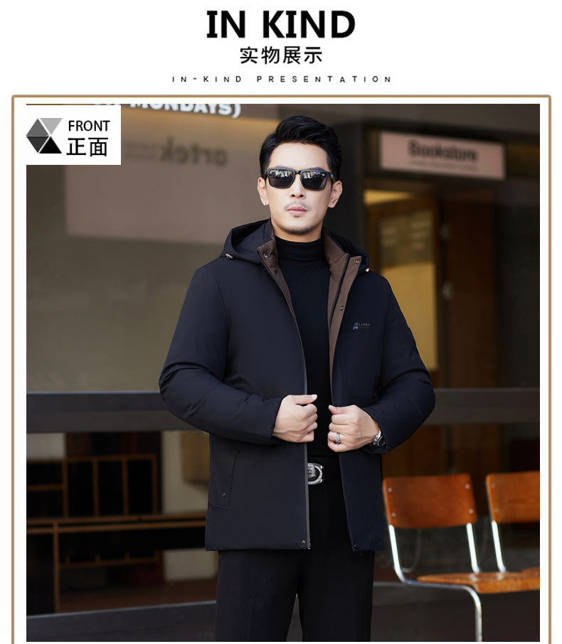 2024 winter new silk cotton-padded jacket casual men's business middle-aged cotton-padded hooded thick warm coat wholesale
