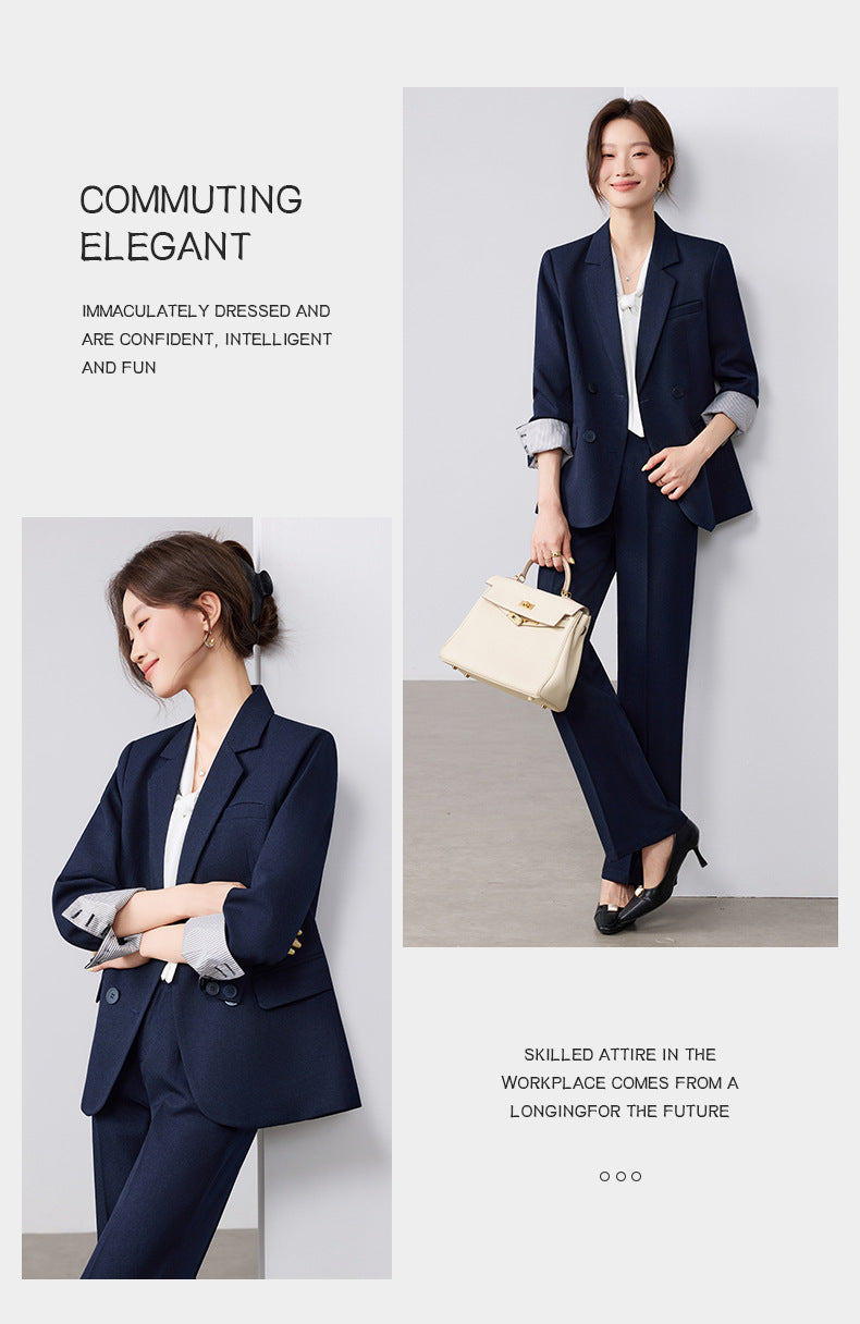 Cross-Border Fashion Simple Double-Breasted Suit Set for Women, New Design with High-End Elegance and Goddess-Like Style, Long-Sleeve Blazer