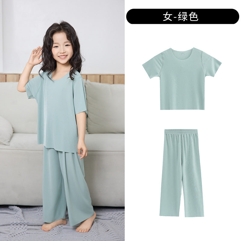 Summer New Style Boys' Short-Sleeved Loose Seamless Ice Silk Home Clothes Children's Two-Piece Set Girls' Pajamas Set Wholesale