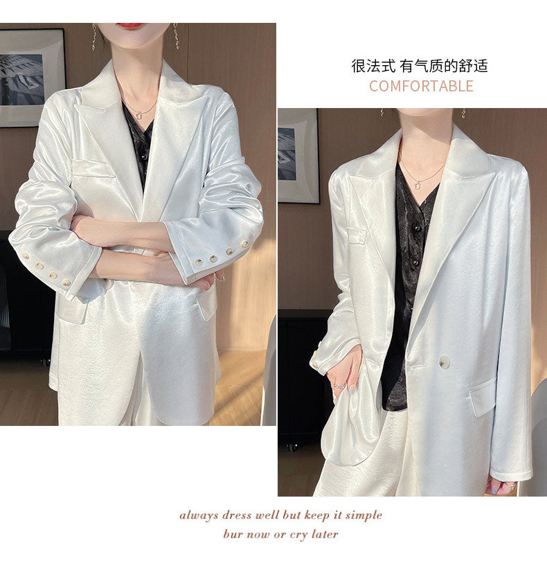 Light Luxury French Style Slimming Women's Coat Belt Satin Suit Women's Loose Elegant Glossy Casual Suit