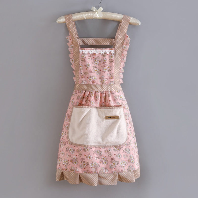 Factory Direct Sales New Kitchen Household Cooking Canvas Cotton Apron Lace Cute Hand-Wipeable Suspenders Pure Cotton for Women
