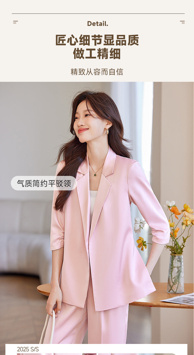New Chinese-Style Women's Summer Thin Suit for Petite Figures, High-End Professional Attire, Acetate-Like Blazer