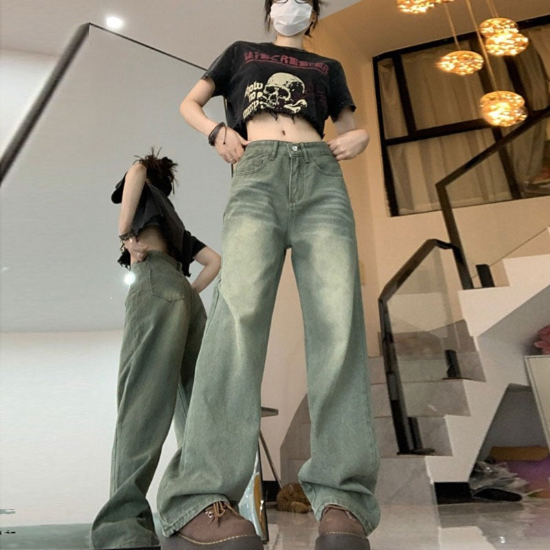 2025 Spring and Autumn Retro American High Waist Slim Straight-Leg Jeans Fashion Women's Loose Floor-Length Wide Leg Long Pants