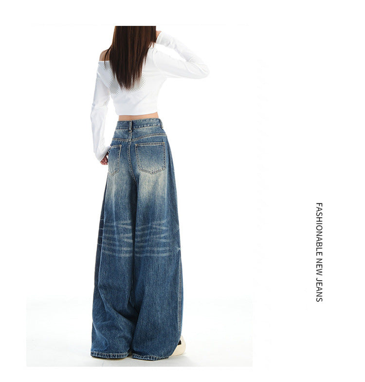 Raccoon House # High-Waisted Loose Whiskered Floral Heavy Craft Jeans for Women 2025 Autumn New Drape Slimming Floor-Length Pants