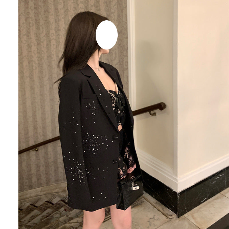 Dinner Party Celebrity Fine Glitter Hot Diamond Silhouette Suit Exquisite Niche Shoulder Pad Jacket Suit for Women New