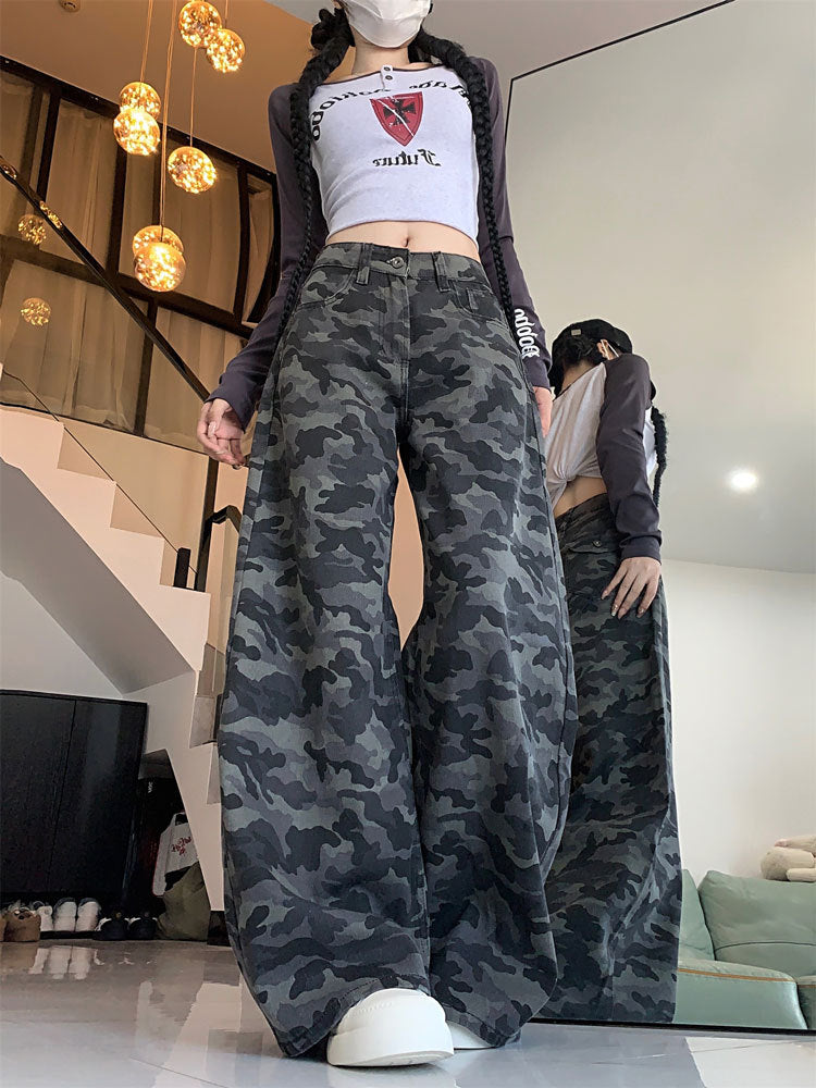 Plus Size Workwear Wide-Leg Camouflage Jeans for Women, Autumn American Style, Loose Retro Drape, Lazy Straight Pants for Chubby Women
