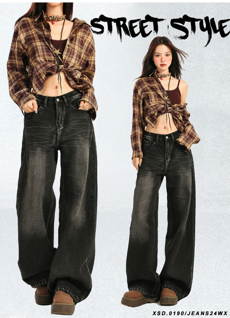 American Large Size Retro Black and Gray Jeans for Women Spring and Autumn New High-Waist Slim Straight Loose Wide-Leg Floor-Length Trousers