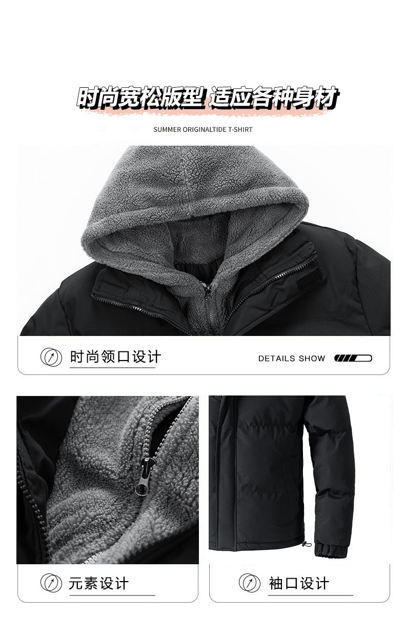2025 Winter New Cross-Border Men's Cotton Jacket, Faux Two-Piece Solid Color Design with Fleece Lining and Thickened Polar Fleece Cotton Coat