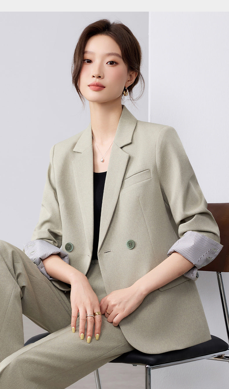 Cross-Border Fashion Simple Double-Breasted Suit Set for Women, New Design with High-End Elegance and Goddess-Like Style, Long-Sleeve Blazer
