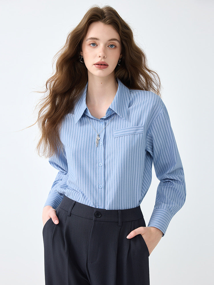 Light Workplace Blue Striped Long-Sleeved Shirt for Women, Spring and Autumn Design Professional Shirt, Commuting Versatile Top