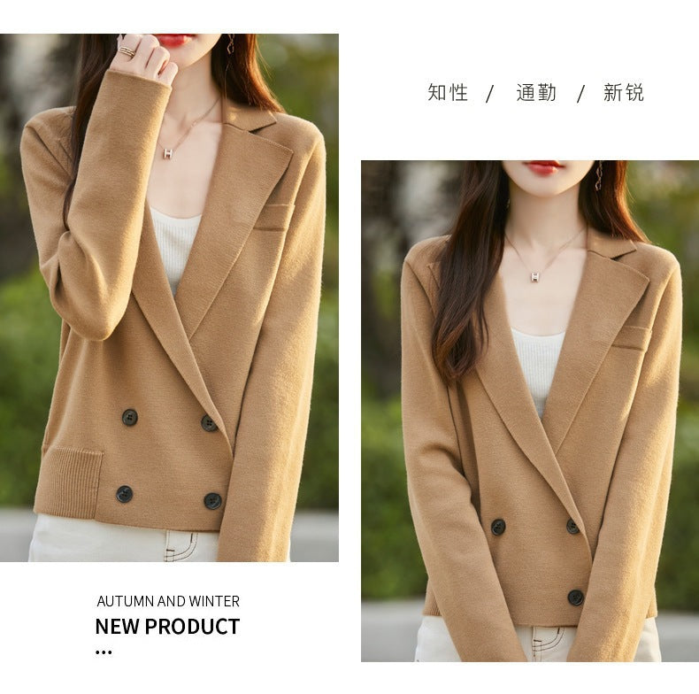 Spring and Autumn Suit Collar Worsted Wool Cardigan Women's Casual Tops Autumn and Winter Cashmere Sweater Top New Style