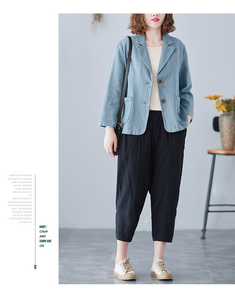 2025 Real Shot of New Cotton and Linen Retro Literary Loose Versatile Casual Long-Sleeved Button-Down Small Suit Short Jacket for Women