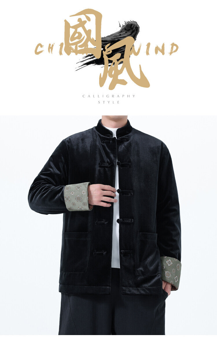 Winter Chinese-Style Tang Suit Jacket for Men, Corduroy Cotton Coat, Retro Thickened Cotton Clothing, Chinese-Style Button Cotton-Padded Jacket, Hanfu