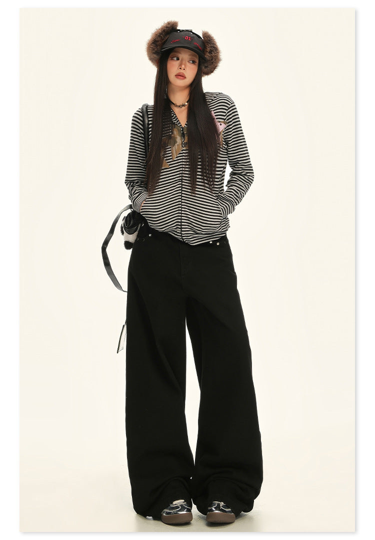 American Retro Pocket Design Black High-Waisted Wide-Leg Pants for Women, New Autumn Loose Drape Slimming Jeans for Women