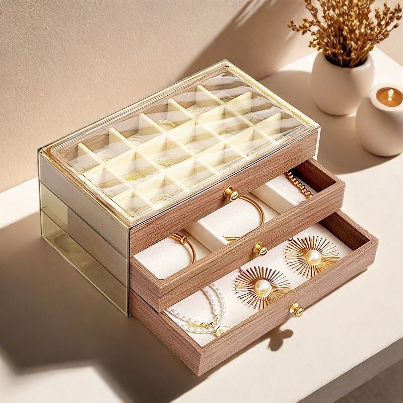 Jewelry Storage Box, High-End and Exquisite Walnut Grain Ring, Necklace, Earrings, Earrings, Multi-Layer Large-Capacity Hand Jewelry Box