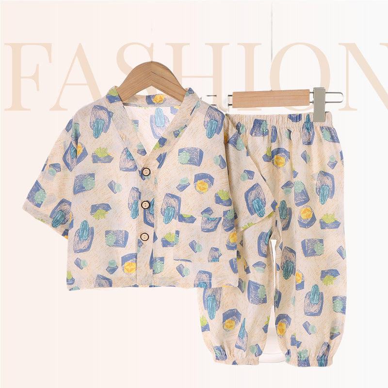 Children's Home Clothes Cotton Silk Suit Summer Boys and Girls Pajamas Artificial Cotton Two-Piece Set Cotton Silk Air-Conditioned Clothes Kidsren's Clothing