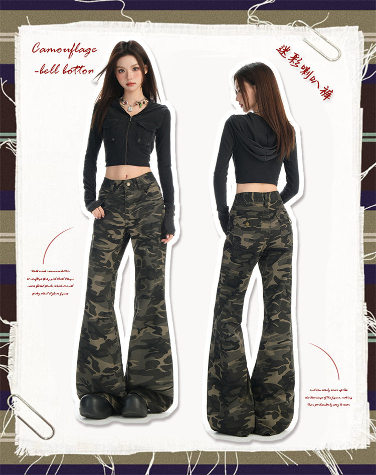 Autumn New Non-Elastic Slightly Spicy Cargo Pants American Retro Camouflage Flap Pocket Design Jeans for Women