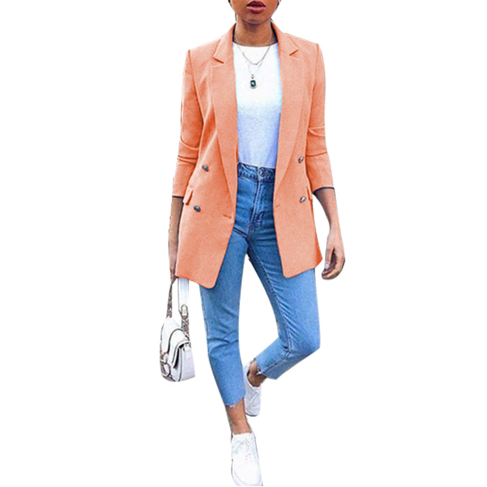 Amazon wish explosions solid color fashion lapel cardigan 2020 Europe and the United States long temperament suit jacket women