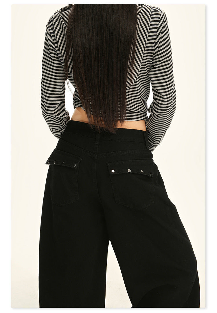 American Retro Pocket Design Black High-Waisted Wide-Leg Pants for Women, New Autumn Loose Drape Slimming Jeans for Women