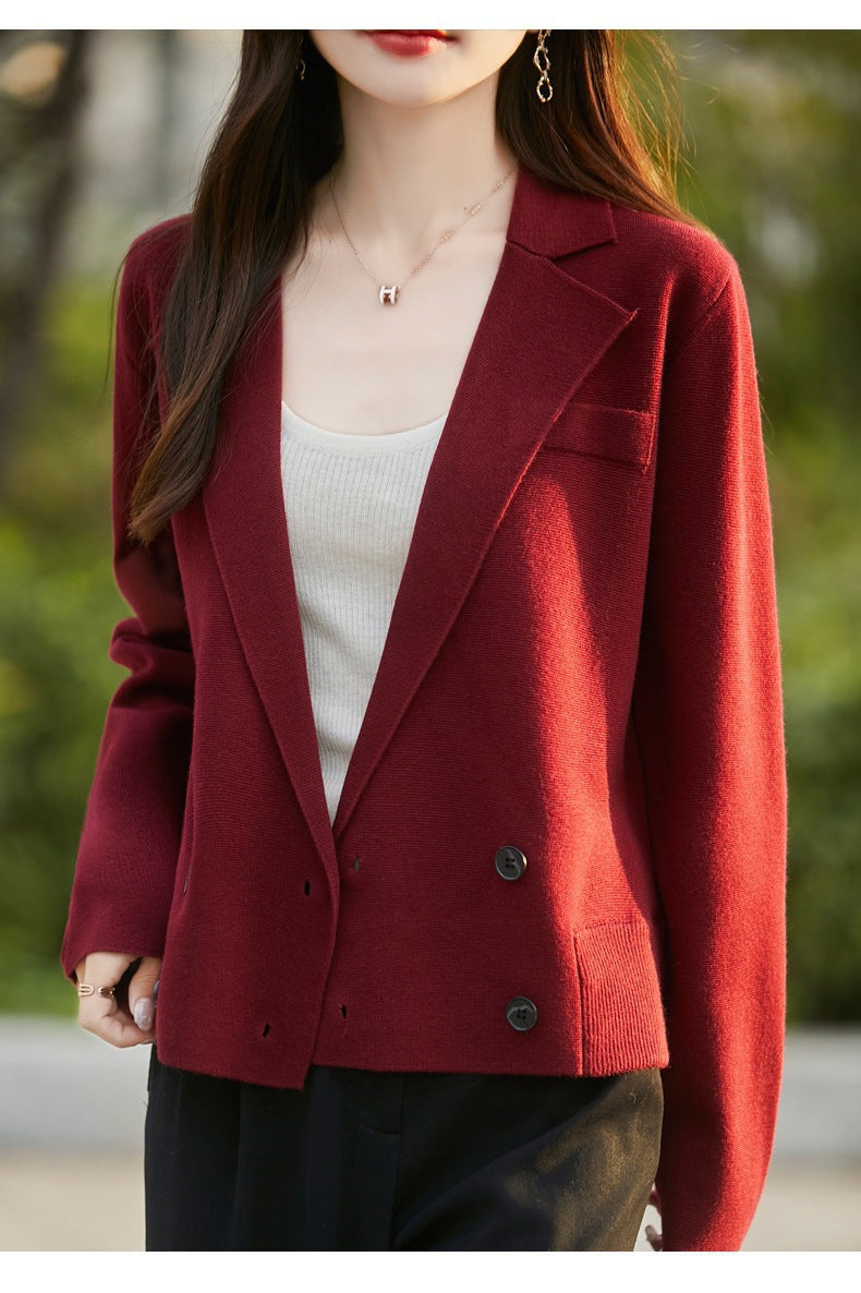 Spring and Autumn Suit Collar Worsted Wool Cardigan Women's Casual Tops Autumn and Winter Cashmere Sweater Top New Style