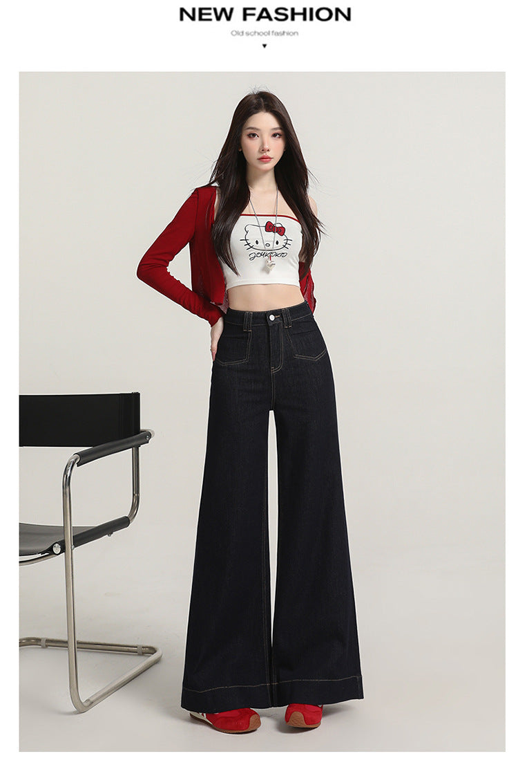 Retro American Style Denim Blue Flared Jeans for Women 2025 Autumn New Slimming Versatile Bootcut Pants