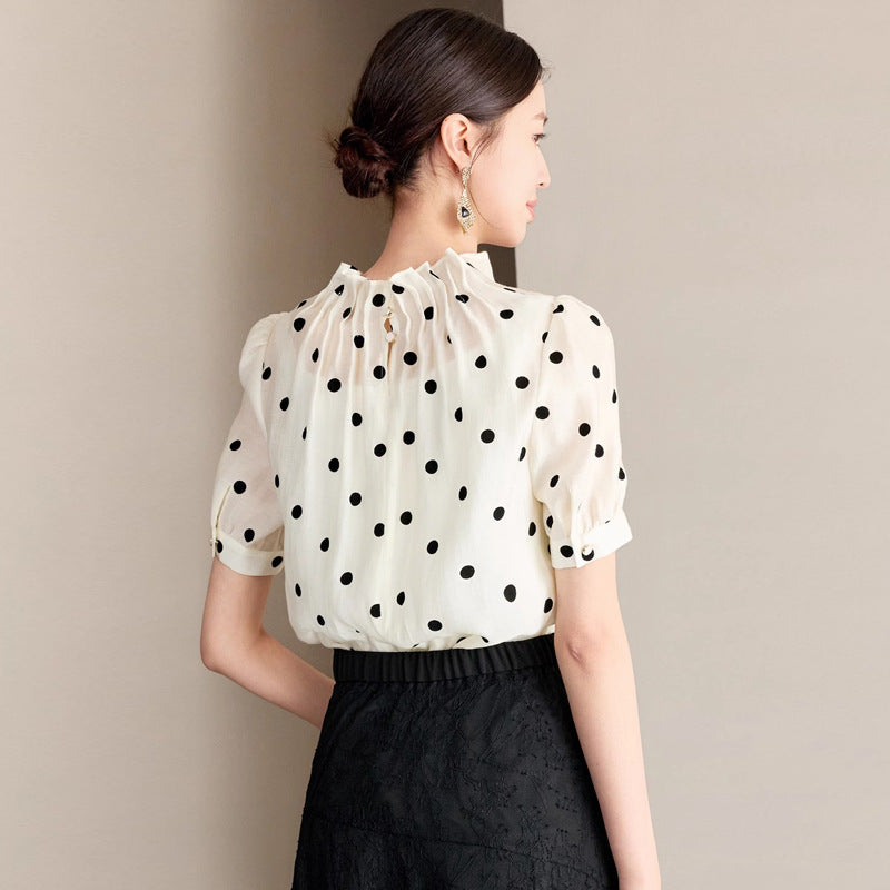 Summer New Short-Sleeved Design Romantic Polka Dot Women's Shirt Small Fresh and Stylish Tencel Skin-Friendly Small Stand-Up Collar Shirt