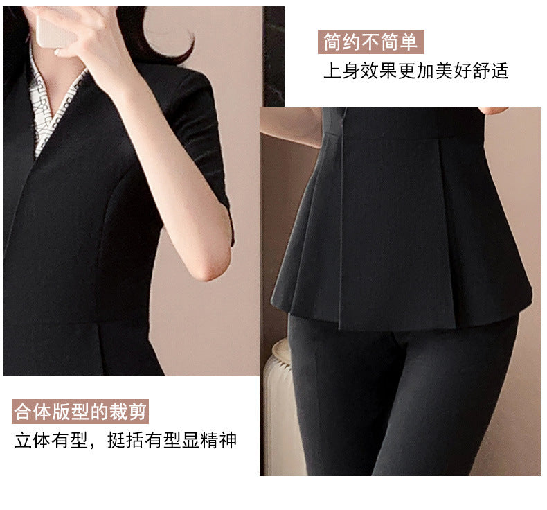 Blue Suit Jacket Women's Spring and Summer Short-sleeved Jewelry Store Front Desk Business Dress Dress Waist Tight Beauty Salon Suit suit