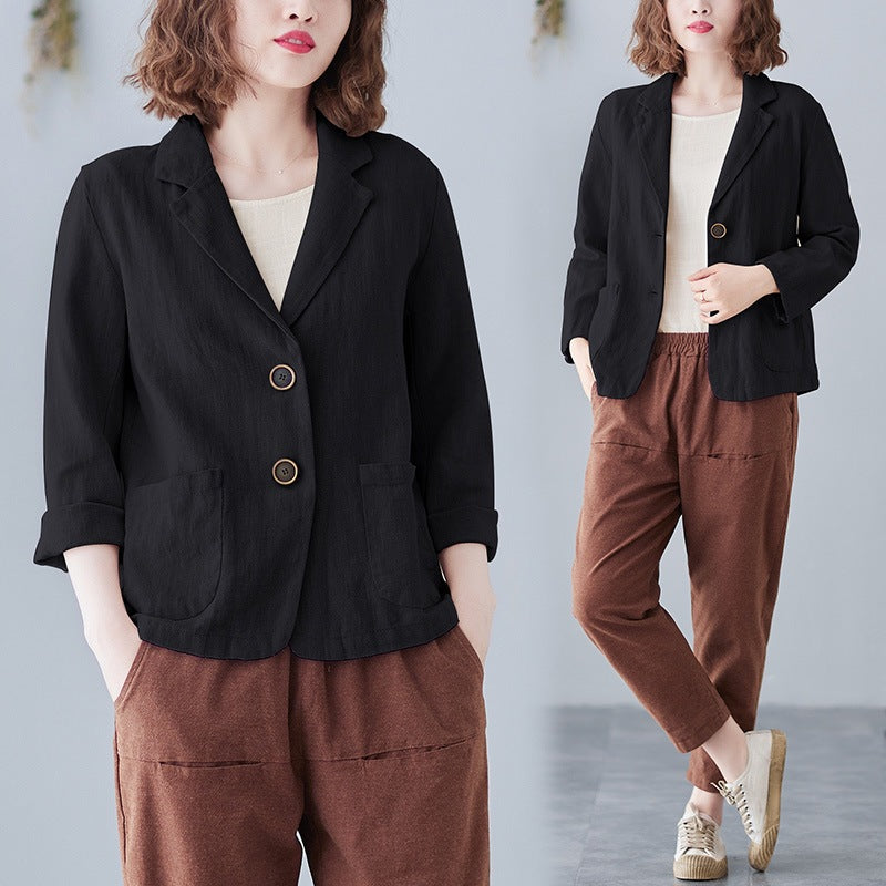 2025 Real Shot of New Cotton and Linen Retro Literary Loose Versatile Casual Long-Sleeved Button-Down Small Suit Short Jacket for Women