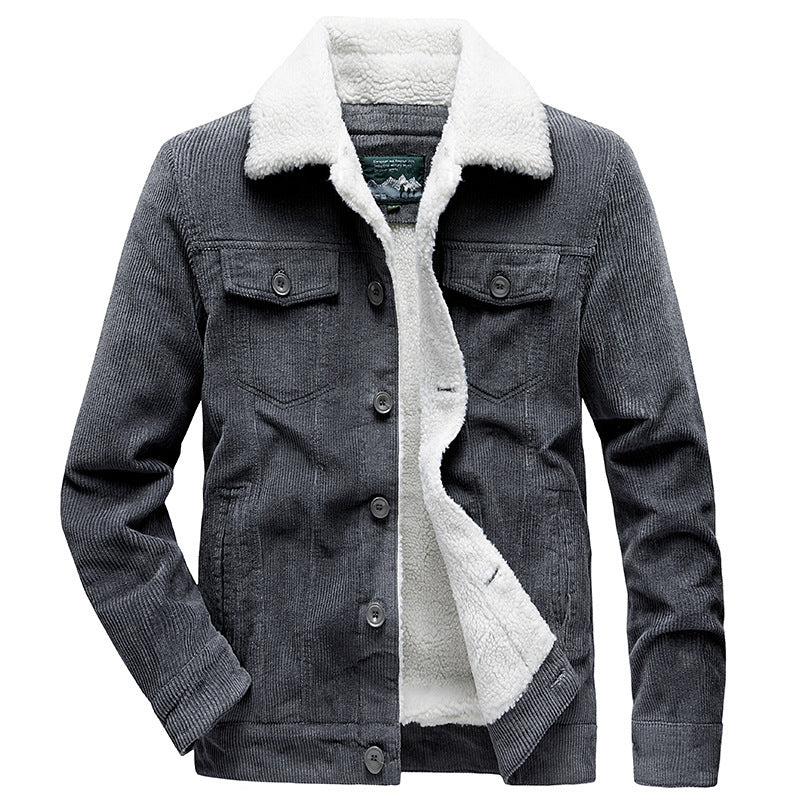 Lamb Velvet Jacket Men's Autumn and Winter Thickeneded Cotton Outwear Corduroy Workwear Cotton Jacket Fleece-Lined Retro Corduroy Jacket