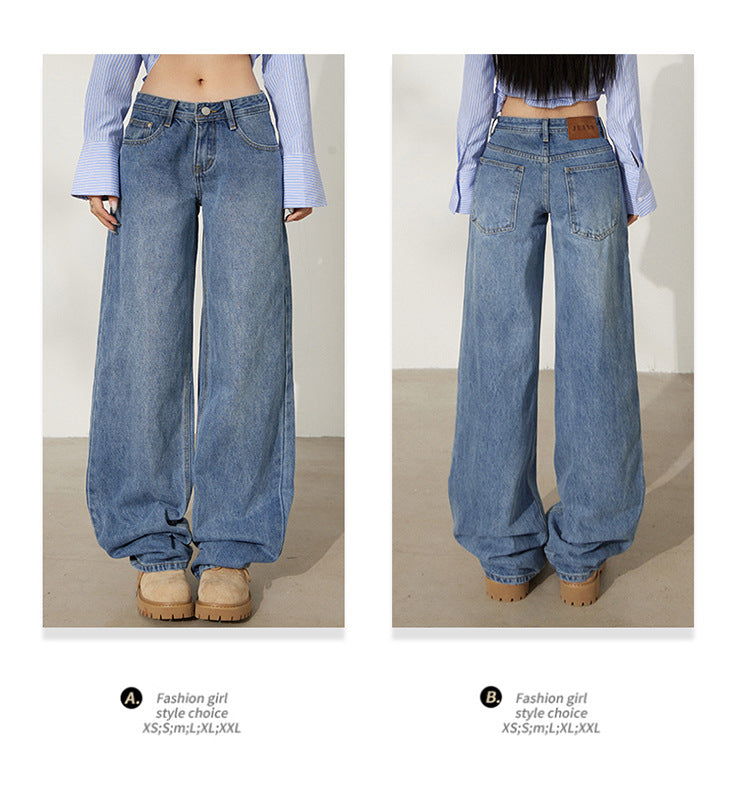 Retro Washed Wide-Leg Jeans for Women, Autumn New Low-Waist Straight Loose Design, Slimming Floor-Length Pants