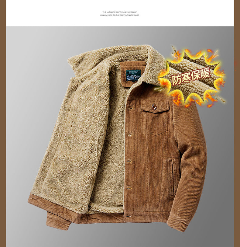 Lamb Velvet Jacket Men's Autumn and Winter Thickeneded Cotton Outwear Corduroy Workwear Cotton Jacket Fleece-Lined Retro Corduroy Jacket