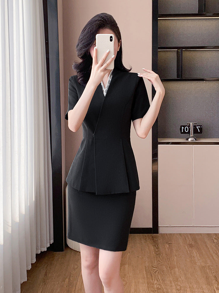 Blue Suit Jacket Women's Spring and Summer Short-sleeved Jewelry Store Front Desk Business Dress Dress Waist Tight Beauty Salon Suit suit
