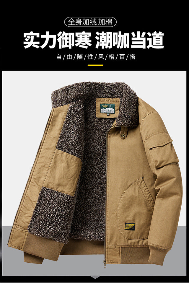 Winter Men's Lapel Pure Cotton American Casual Work Coat Lamb Fleece Coat Maillard Autumn and Winter Cotton Coat 8218