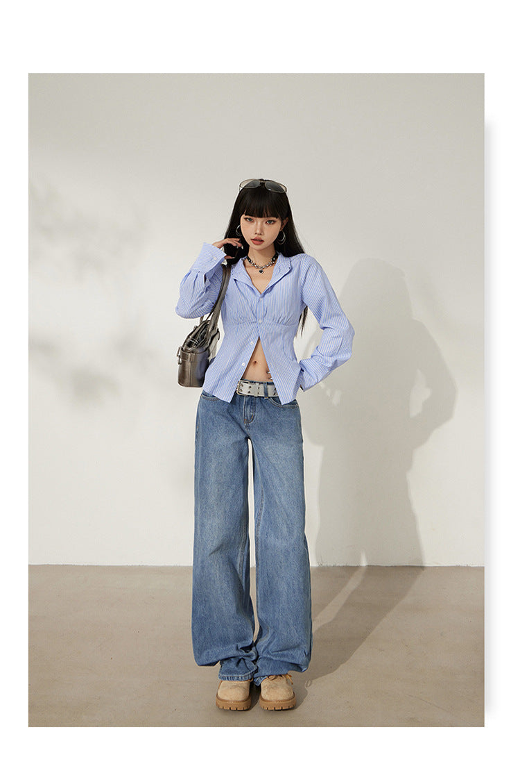 Retro Washed Wide-Leg Jeans for Women, Autumn New Low-Waist Straight Loose Design, Slimming Floor-Length Pants