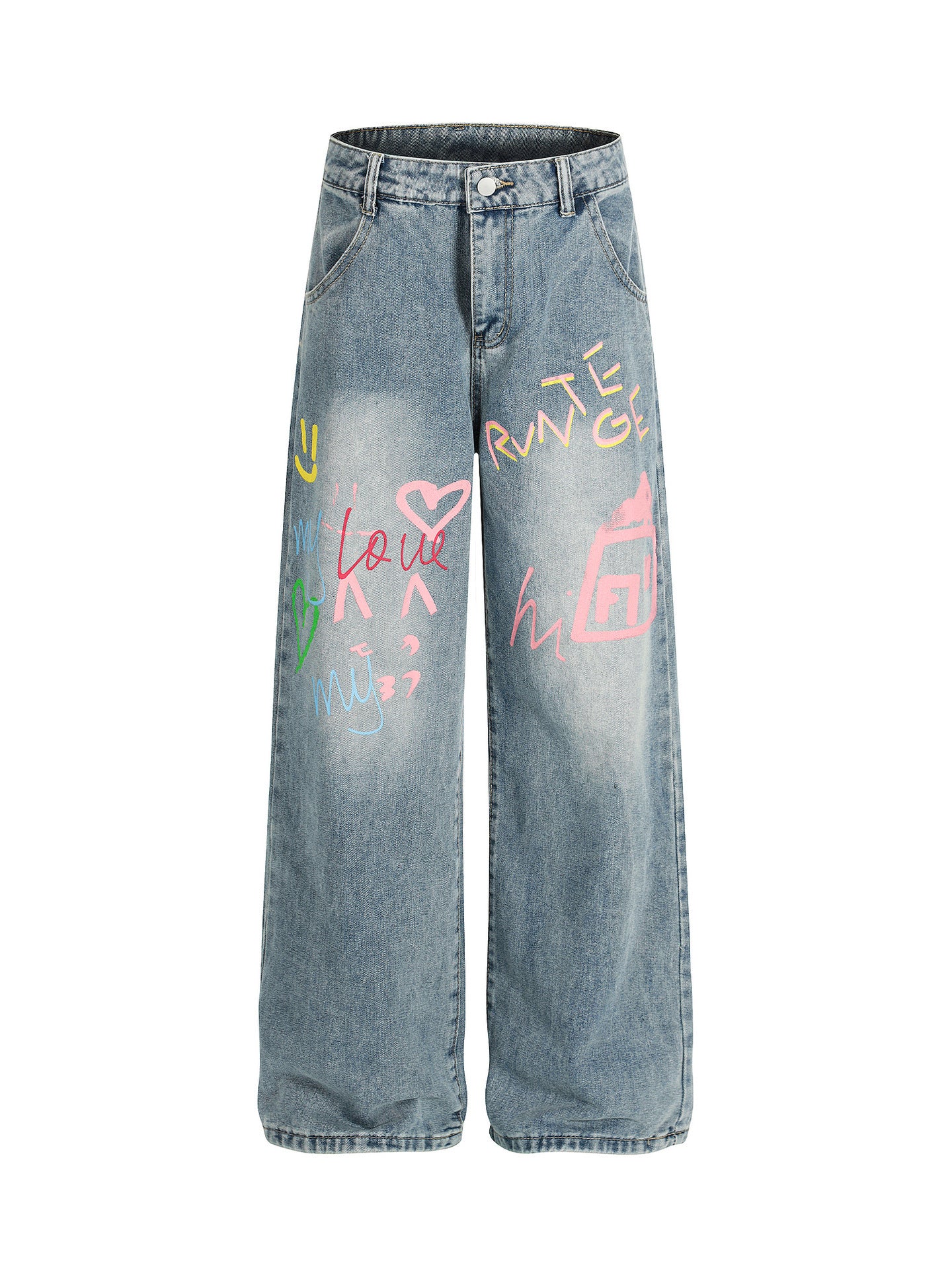 American Retro Niche Graffiti Washed Jeans for Women 2025 New Loose Straight High-Waisted Street Casual Pants