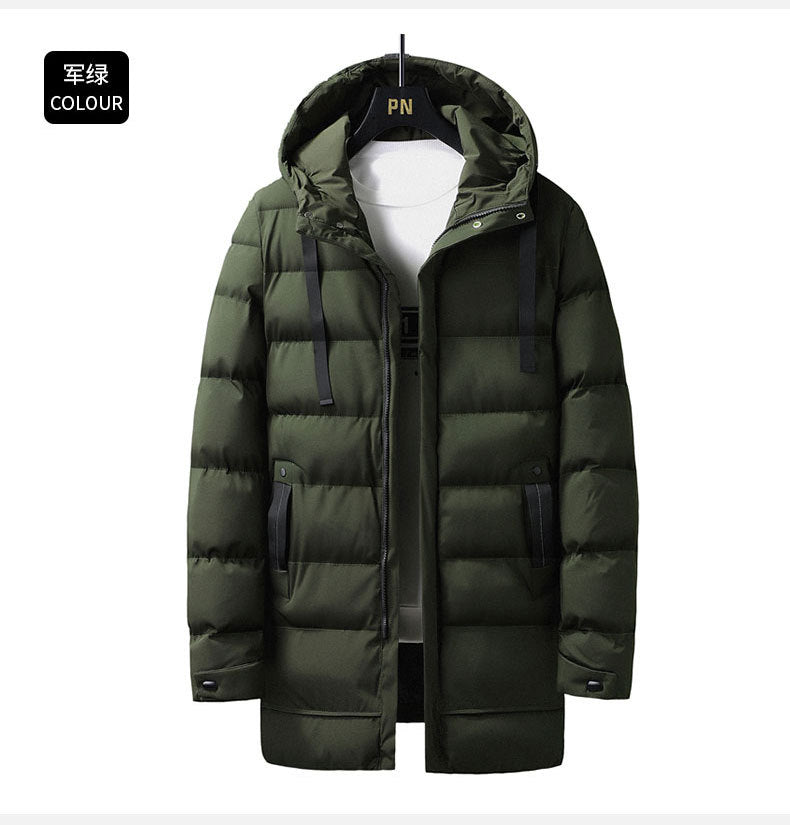 Mid-Length Hooded Cotton Coat for Young Men, Casual Warm Cotton Jacket, Thickened Puffer Jacket for Trendy Men, Winter Cotton Coat, Cross-Border
