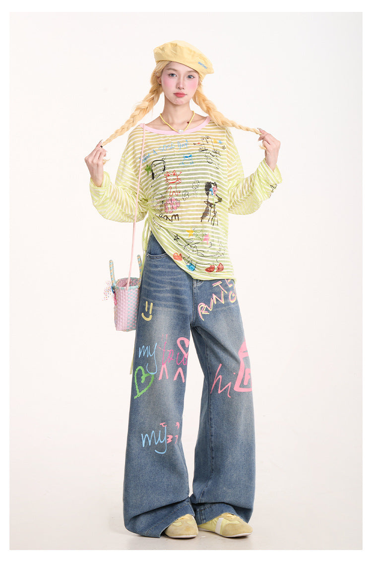 American Graffiti Print Jeans for Women, Trendy Retro Washed Straight Pants, Loose Casual Drape Versatile Casual Pants