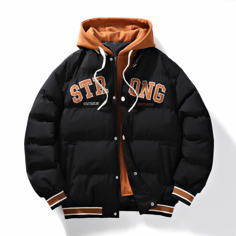 Fake Two-piece Bread Suit Men's Autumn and Winter Hooded Trendy Brand Plus Fashion Letter Printed Jacket Cotton-padded Jacket Source