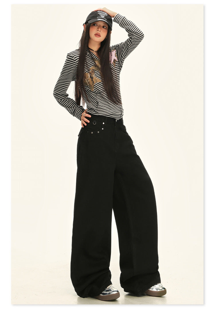 American Retro Pocket Design Black High-Waisted Wide-Leg Pants for Women, New Autumn Loose Drape Slimming Jeans for Women