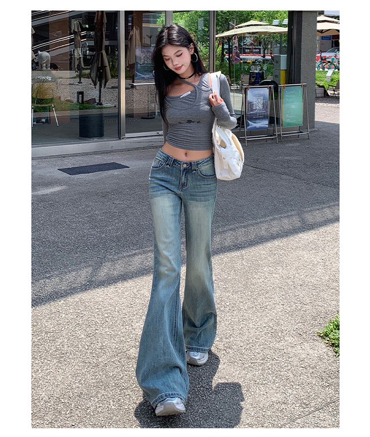 American Hot Girl Washed Retro Slim Jeans for Women Early Autumn New Versatile Fashionable and Comfortable Low-Waist Micro-Flared Pants