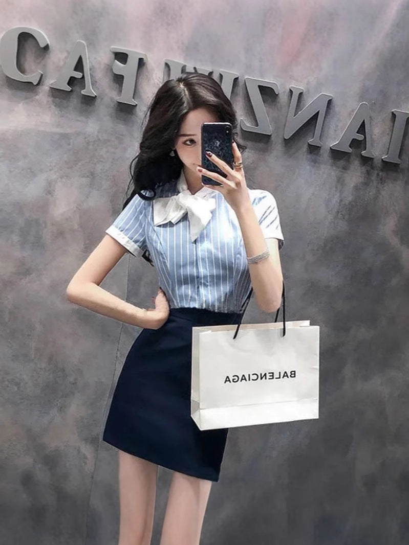 Front Desk Reception Work Wear High-End Business Attire Suit Women's Shirt Flight Attendant Stripesd Bow Business Attire Workwear