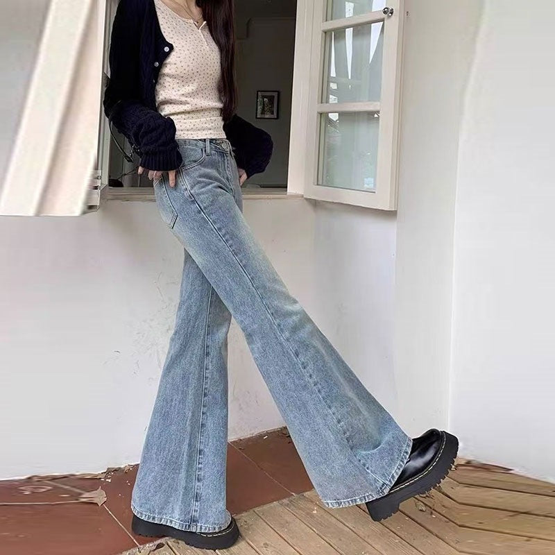 Light Blue Flared Jeans for Women, New Plus Size, Slimming Versatile High-Waisted Wide-Leg Pants with a Stylish Design